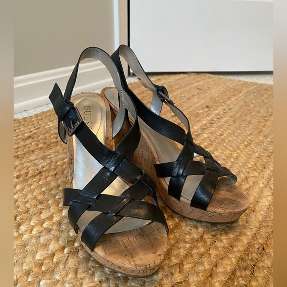 Guess Shoes - Guess Women’s Black Leather Strappy Cork Wedge Sandals Size 8.5